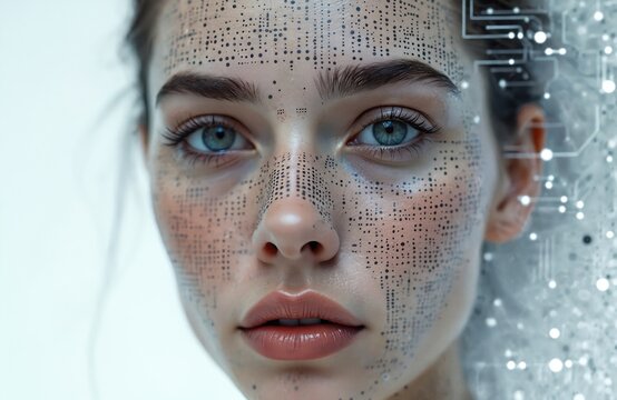 Close up woman face with digital pattern overlay. Woman features dotted matrix grid, futuristic cybernetic look. AI face scan, technology integration, data processing visual.