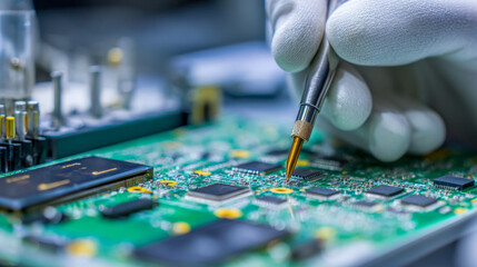 A technician wearing white gloves carefully soldering intricate components on a green printed circuit board in a high-tech electronics manufacturing environment