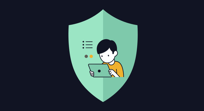 A conceptual illustration portrays a young child responsibly engaging with a digital tablet, within a protective shield, highlighting online safety and data privacy.