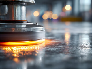 Industrial metal grinding process with sparks flying from a rotating abrasive wheel polishing a reflective steel surface in a factory setting