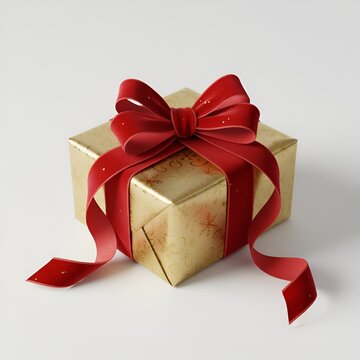 Boite cadeau couleur or avec noeud rouge isol&eacute; sur fond blanc