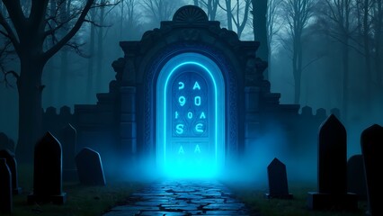 A cobblestone path leading to a doorway in the middle of a forest.