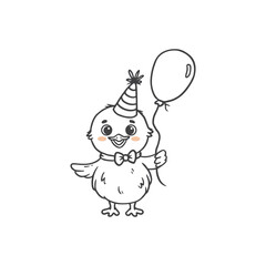 Cute cartoon duck with balloon. Bird in doodle style for greeting card. Happy birthday. Vector illustration