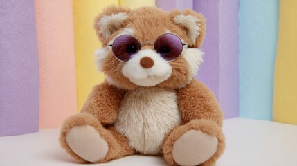 Fototapeta premium Adorable plush raccoon toy with sunglasses and accessories posed playfully against pastel backdrop, capturing a fun and charming scene perfect for children's decor or playful branding