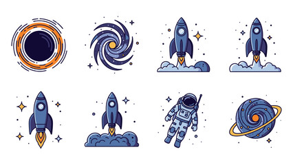 Cosmic exploration and astronomy vector icons collection.