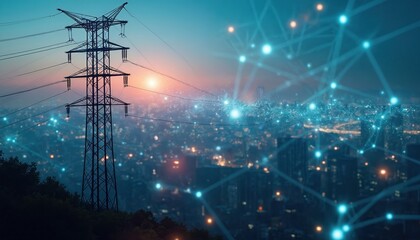 Electricity pylon standing on hill with cityscape and network connections in background at sunset. Power transmission tower with lines and city lights. Smart grid and digital interface concept.