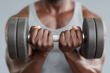 African American woman hands gripping grey dumbbells strength workout

