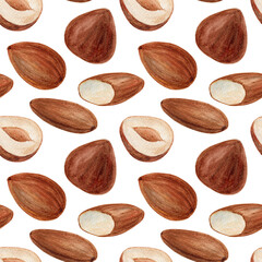 Hazelnuts and almonds, watercolor seamless pattern on a white background. Hand-drawn illustration of nuts. A delicious snack mix.