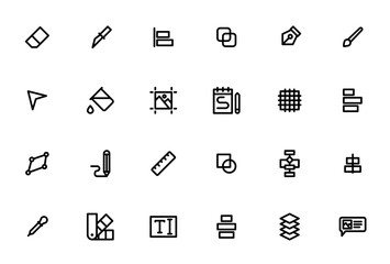 Design tools icon set. Vector illustration. Minimalit design icons pack. Inclues symbols for pen, brush,pencil, ruler, shape, laye, text, align, eraser and ore. Editable stroke.
