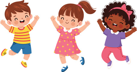 Happy Multicultural Kids Jumping: Cheerful Diverse Children Celebrating Joy and Playfulness with Arms Raised on White Background