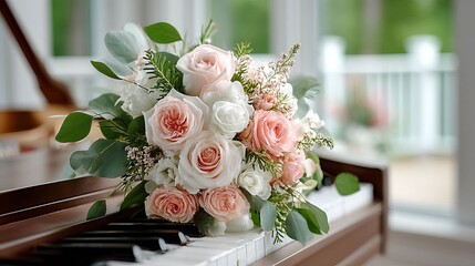 Beautiful bouquet of pink and white roses delicately resting on piano keys. Elegant flower arrangement for wedding, bridal celebration, or Valentine's Day.