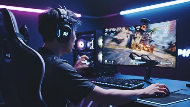Person gaming with headphones and monitor streaming live video games or working with a computer