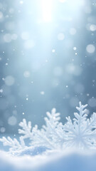 Naklejka premium Close-up of delicate white snowflakes resting on fresh snow, with a soft, glowing blue background and falling snow creating a serene winter atmosphere.