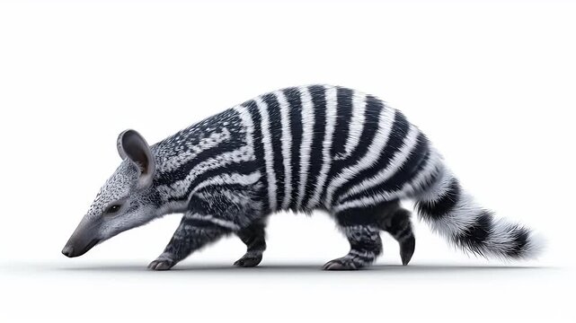 Striking Zebra-Striped Anteater Walking on White Background.
