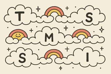 Whimsical Sky Writing. A doodle scene of clouds writing tmesis across the sky, splitting phrases with smiling rainbows and