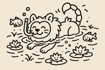 Swimming Manticore Adventure. A doodle of a manticore swimming happily in a magical pond, surrounded by smiling fish, floating
