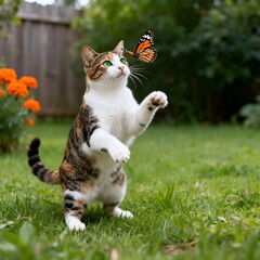 Tabby cat standing on hind legs reaching for a monarch butterfly in a grassy backyard setting outdoors