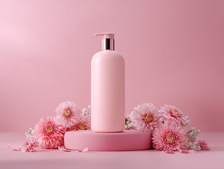 Elegant pink bottle surrounded by lush flowers on a soft pink background for skincare product display