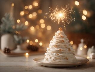 Festive dessert shaped like a Christmas tree with sparkler decoration during a holiday celebration