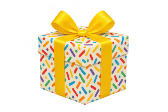 Birthday gift box with colorful sprinkles and yellow ribbon, representing celebration, joy, and surprise on transparent background