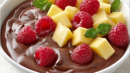 Topdown closeup of a deep ceramic bowl filled with rich chocolate ganache, adorned with fresh mango cubes, raspberries, and mint leaves, creating an elegant and appetizing presentation with neutral b