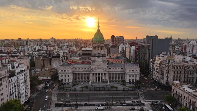 Buenos Aires, Argentina, October 21, 2025: Aerial view of the Congress, the Argentine National Congress, located in the city of Buenos Aires, Argentina at sunset. Legislative branch of Argentina.