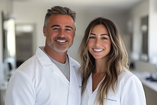 A smiling man and woman in white lab coats stand together, radiating professionalism and friendliness. They likely represent healthcare or scientific experts.