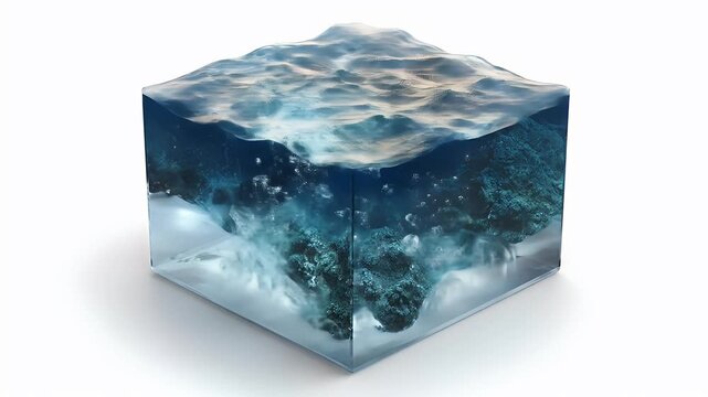 3D Render of Ocean Water Cube on White Background.