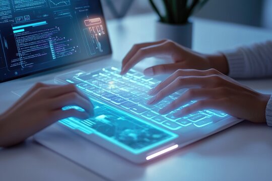 Hands type on a futuristic, glowing laptop keyboard. The screen shows complex code and data, signifying advanced technological development and innovation.