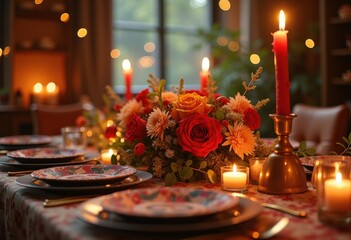 Charming Festive Table Setting with Vibrant Seasonal Decor and Elegant Centerpiece in Natural Light