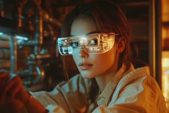A woman wearing futuristic augmented reality glasses with glowing circuit patterns, working in a dimly lit industrial setting, focused on her task.