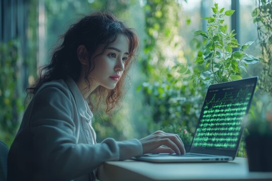 Focused young woman typing on a laptop with green digital data, surrounded by lush greenery, working remotely in a natural setting.