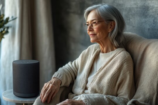 An elderly woman with grey hair and glasses sits comfortably next to a smart speaker, looking thoughtfully, possibly listening to content.