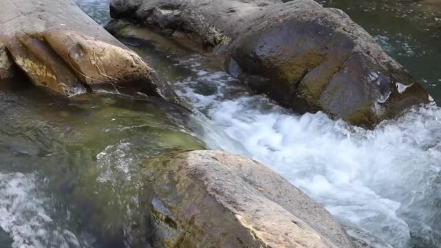 The video shows the Zelnytsia mountain river, a right tributary of the Bystrytsia, flowing rapidly over rocks and rapids. Water splashes and foams over large stones, with natural river sounds conveyin
