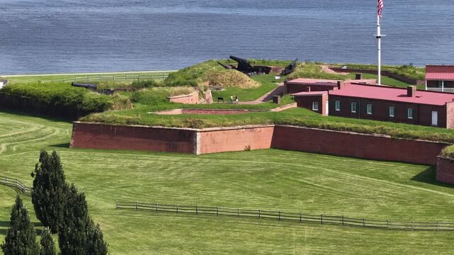 Aerial footage of Fort McHenry National Monument along the Patapsco River in Baltimore Maryland USA