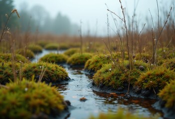 Fototapeta premium Dramatic Fen Alkaline Wetland Showcase with Peat Soil and Spaces of Unique Botanical Life