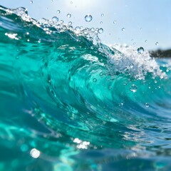 Close up shot of a turquoise ocean wave with bubbles and sunlight reflecting on the water surface
