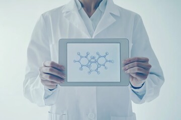 A scientist or medical professional in a lab coat displays a tablet showing a complex molecular structure, symbolizing research, innovation, and scientific discovery.