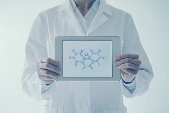 A scientist or medical professional in a lab coat displays a tablet showing a complex molecular structure, symbolizing research, innovation, and scientific discovery. - Powered by Adobe