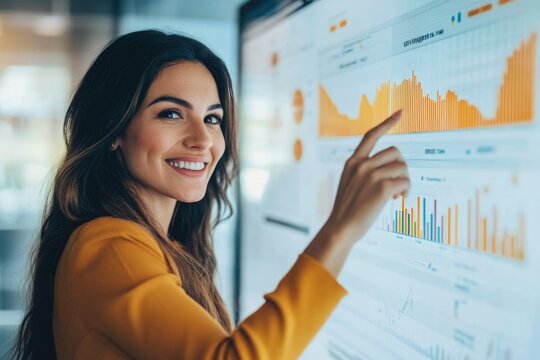 Smiling woman presenting data on a large screen, actively engaging with analytics and business intelligence visuals. - Powered by Adobe