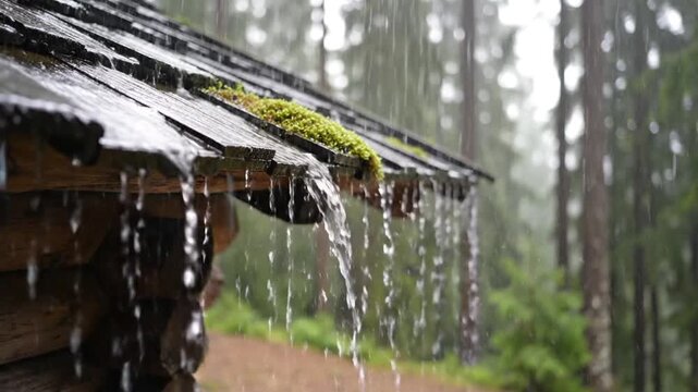 Rain falling from wooden roof in forest close up with blurred background