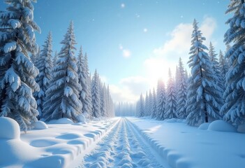 Obraz premium Enchanting Winter Wonderland Surrounded by Snow-Covered Pine Trees and Crystal-Clear Blue Skies