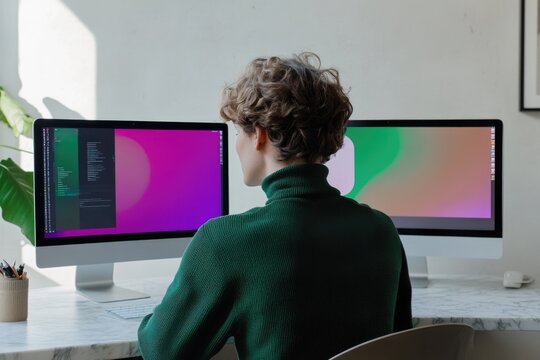 A person in a green turtleneck works intently on dual monitors. One shows code, the other abstract graphics, depicting a focused tech worker.