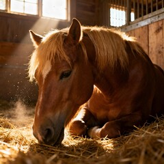 A horse resting on hay in a stable with sunlight streaming through the windows in the background