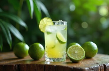 Fototapeta premium Refreshing tropical Brazilian caipirinha with ice cubes in tall glass on rustic wood table. Fresh lime slices garnish delicious cocktail. Whole green limes, half cut lime sit nearby. Rich green