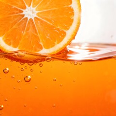 Close up of a slice of orange submerged in orange liquid with bubbles against a white background
