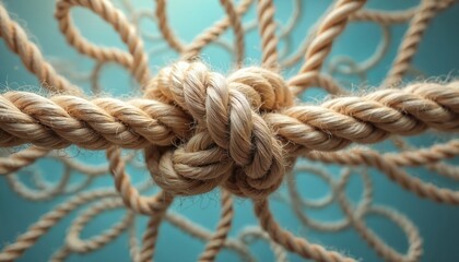 Tangled ropes create complex web. Illustration represents interconnectedness challenge. Concepts include business strategy compliance legal issues, market dynamics. Antitrust competition concepts