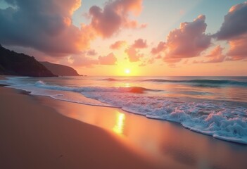 Obraz premium sunset, sea, beach, ocean, sky, sun, water, sunrise, clouds, landscape, cloud, nature, wave, horizon, sand, waves, coast, evening, orange, blue, beautiful, summer, reflection, dawn, light
