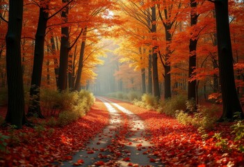 Fototapeta premium Serene Forest Pathway Covered in Vibrant Autumn Leaves Inviting You to Explore a Tranquil Nature Retreat