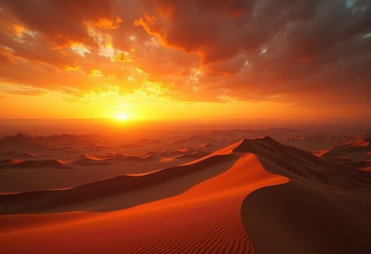 Stunning Golden Sunset Over Expansive Desert Dunes with Dramatic Shadows and Vibrant Sky